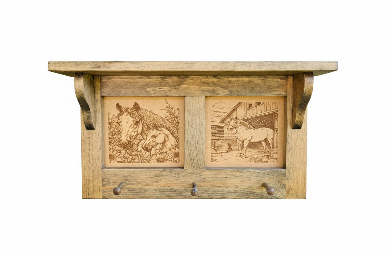 Handcrafted Pine Wall Shelf – Hat, Coat ,Towel Rack with “Mother and Colt Horse Theme” Wood‑Burned Art