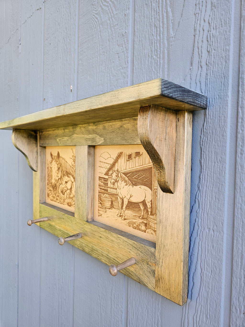 Handcrafted Pine Wall Shelf – Hat, Coat ,Towel Rack with “Mother and Colt Horse Theme” Wood‑Burned Art
