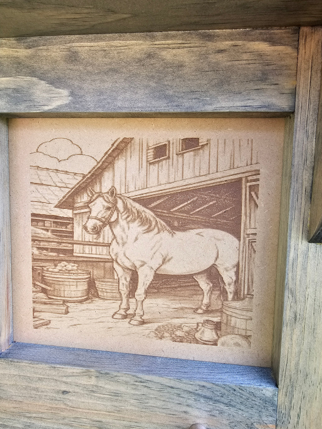 Handcrafted Pine Wall Shelf – Hat, Coat ,Towel Rack with “Mother and Colt Horse Theme” Wood‑Burned Art