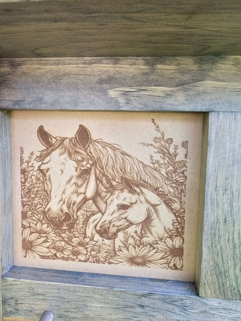 Handcrafted Pine Wall Shelf – Hat, Coat ,Towel Rack with “Mother and Colt Horse Theme” Wood‑Burned Art
