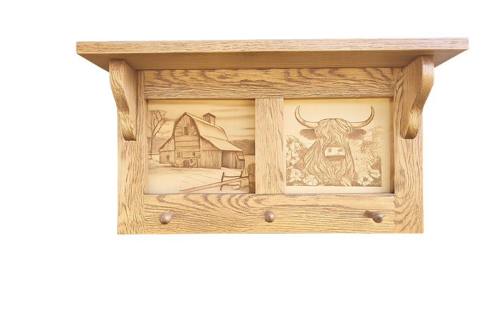 Handcrafted Oak Wall Shelf – Hat, Coat, Towel Rack with “Netherlands Cow” Wood‑Burned Art